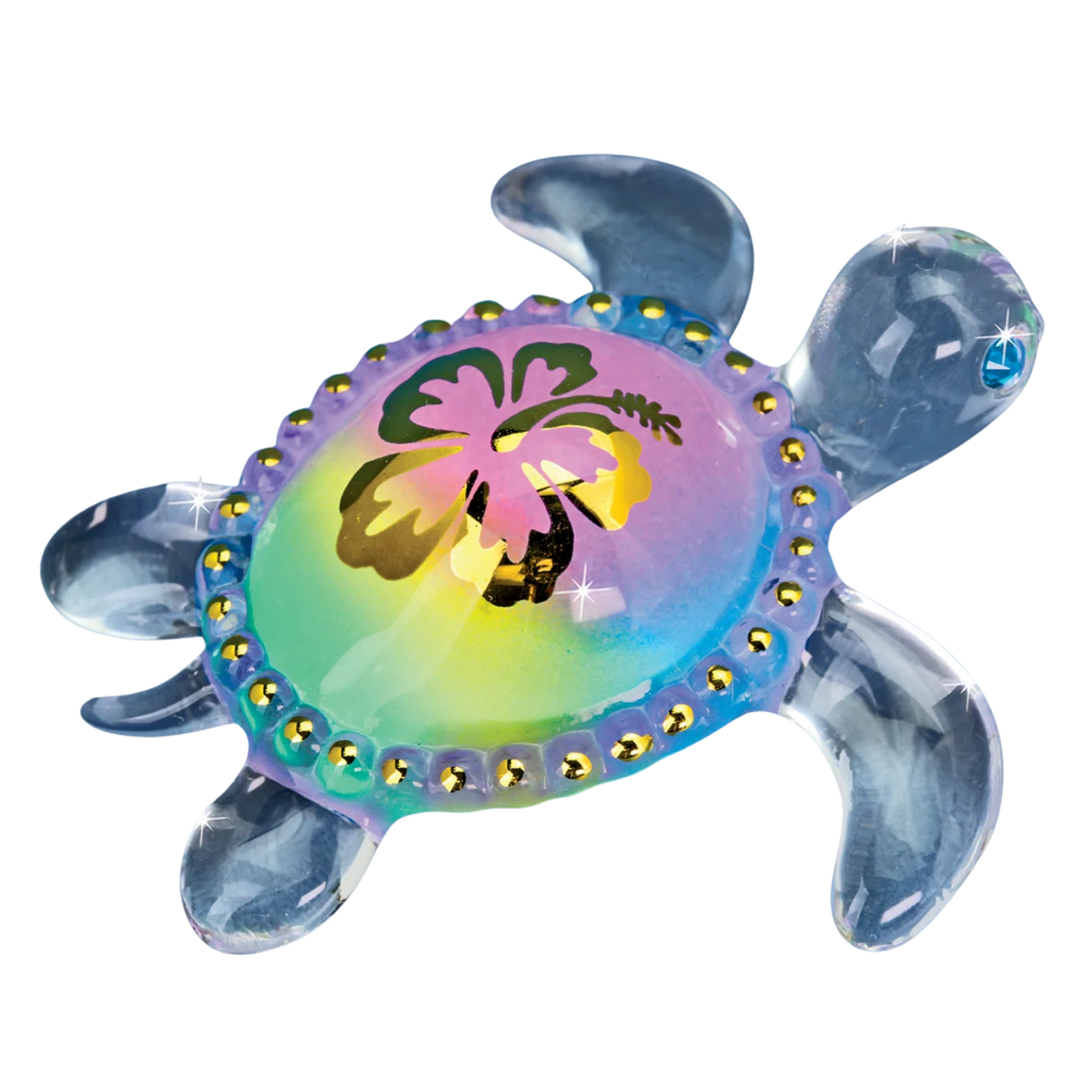 Rainbow glass sea turtle figurine with tropical flower shell design