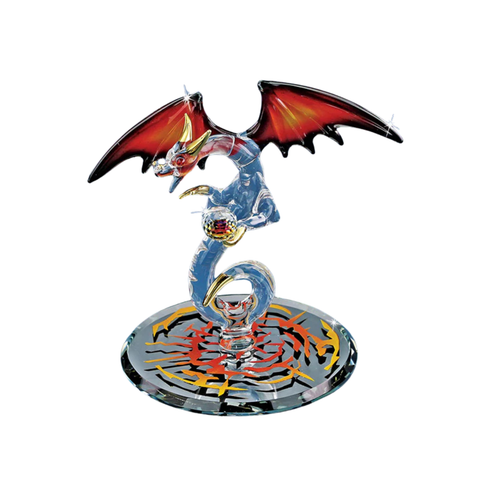 Handcrafted Crystal Fury Dragon glass figurine with red wings holding a crystal ball on beveled mirror base