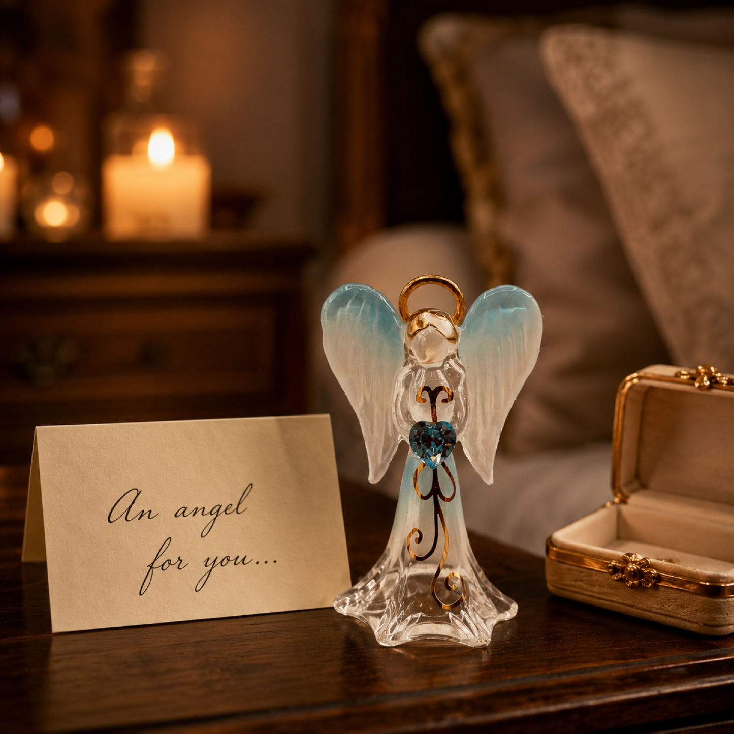 Angel Figurine with Blue Crystal Heart | Handcrafted Guardian Angel Gift
