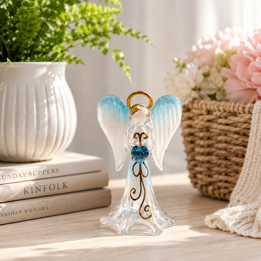 Handcrafted angel figurine with blue crystal heart and gold accents inspirational gift décor