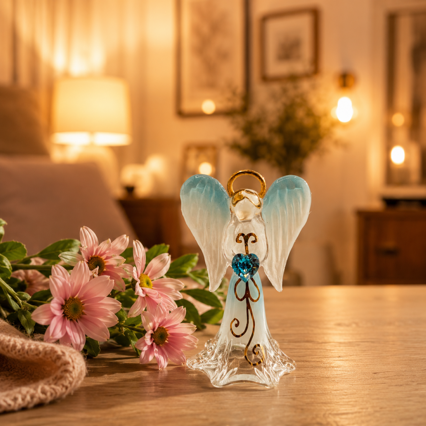 Angel Figurine with Blue Crystal Heart | Handcrafted Guardian Angel Gift