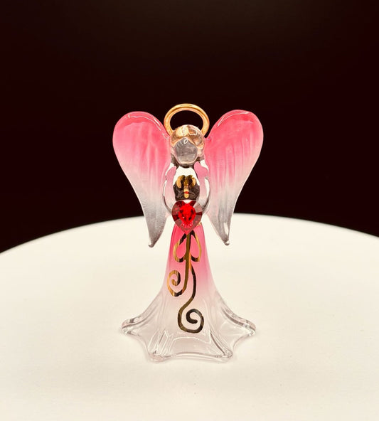 Red Angelique glass angel figurine holding crystal heart