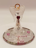 Handcrafted glass angel holding a crystal heart on beveled mirror base with “I’m Blessed to have you in my Life” message