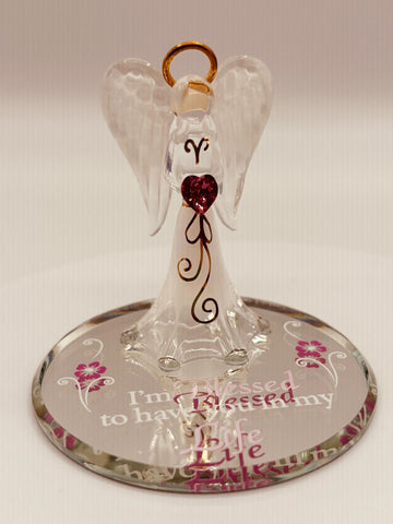 Handcrafted glass angel holding a crystal heart on beveled mirror base with “I’m Blessed to have you in my Life” message