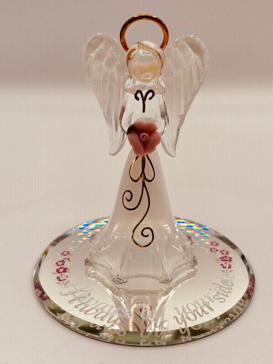 Glass angel figurine holding pink rose with Always by your side message