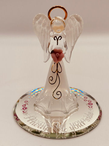 Glass angel figurine holding pink rose with Always by your side message