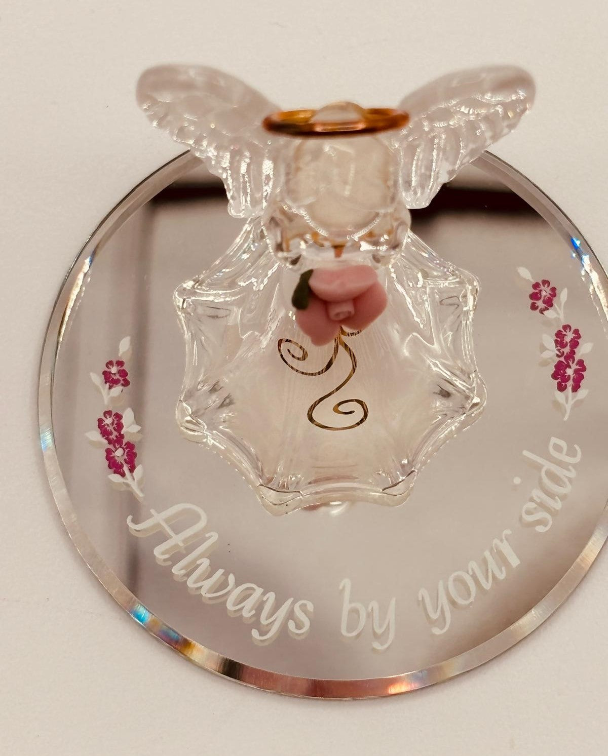 Angel with Pink Rose Figurine | Glass Inspirational Comfort Décor