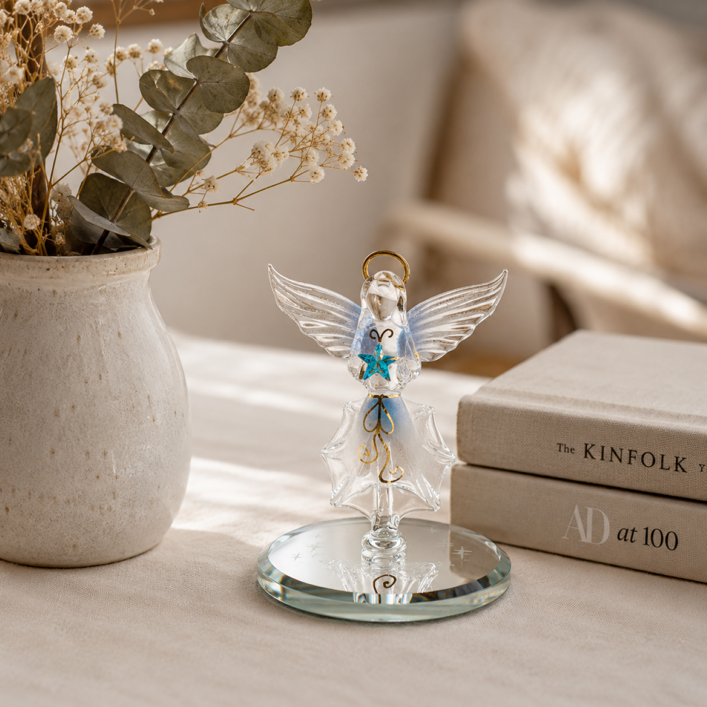 Glass Angel Figurine with Blue Star – Angel Gift, Guardian Angel Collectible, Religious Home Decor