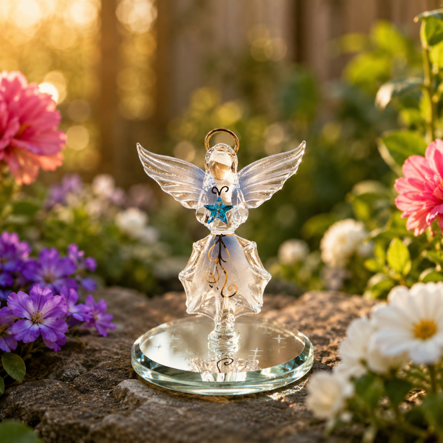 Handcrafted glass angel figurine with white wings, blue star, Genuine Crystals, Real 22Kt Gold accents, and a beveled glass mirror base.