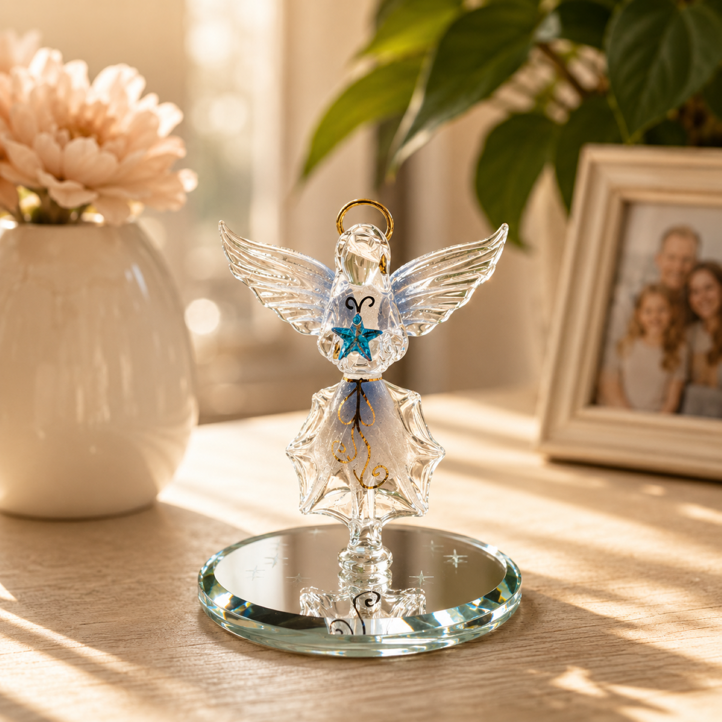 Glass Angel Figurine with Blue Star – Angel Gift, Guardian Angel Collectible, Religious Home Decor