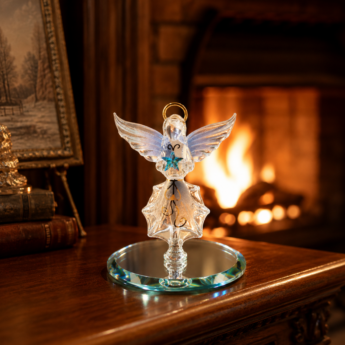 Glass Angel Figurine with Blue Star – Angel Gift, Guardian Angel Collectible, Religious Home Decor