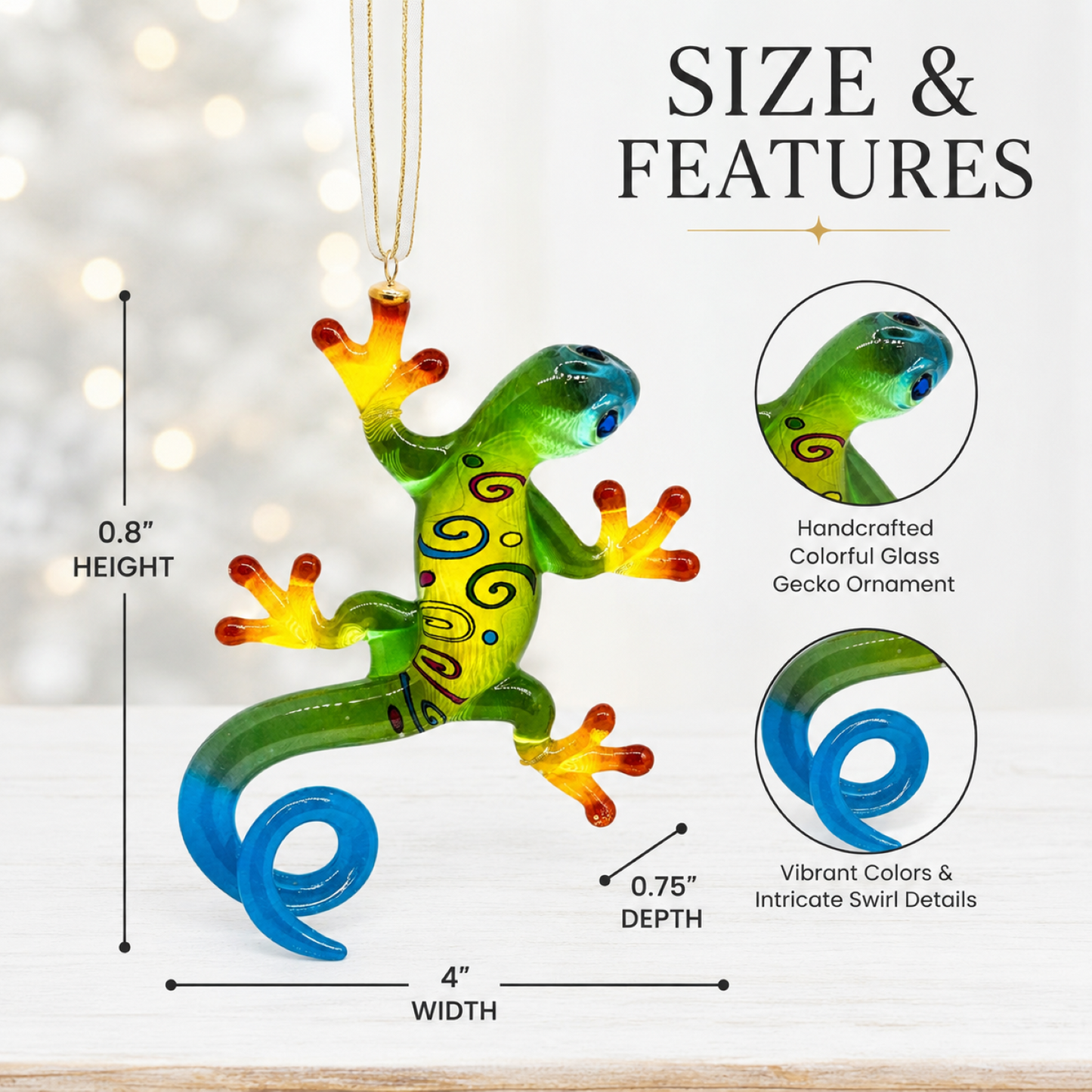 Christmas Gecko Ornament | Handcrafted Glass Gecko Holiday Tree Decoration
