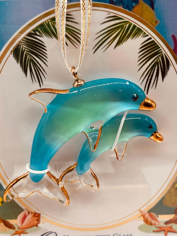 Handcrafted Double Dolphins glass ornament with crystal and 22Kt gold accents hanging decor