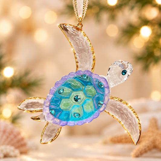 Handcrafted glass sea turtle ornament with blue and green shell, crystal accents, and Real 22Kt Gold details