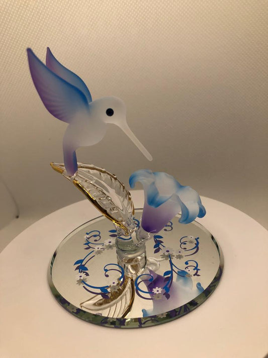 Glass Hummingbird on Flower, Handmade Sculpture, Bird Statue, Home Decor, Mothers Day gift, Gift for Her