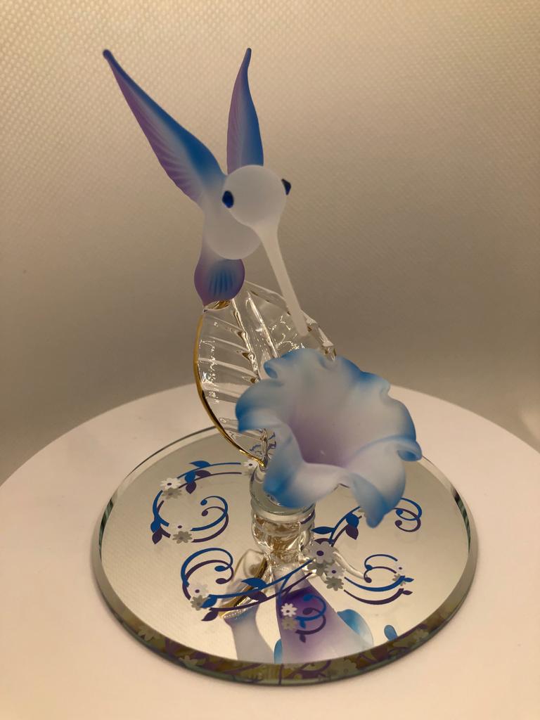 Glass Hummingbird on Flower, Handmade Sculpture, Bird Statue, Home Decor, Mothers Day gift, Gift for Her