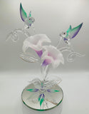 Hummingbirds with lavender lilies glass figurine on mirror base