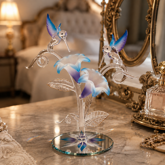 Hummingbird Lily Glass Sculpture | Handcrafted Floral Bird Figurine Decor