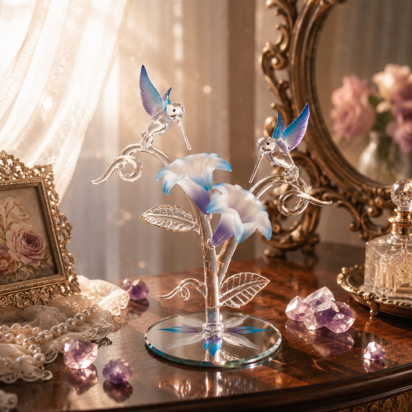 Hummingbird Lily Glass Sculpture | Handcrafted Floral Bird Figurine Decor