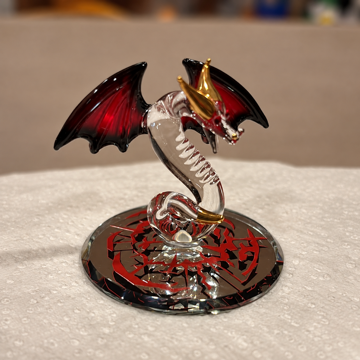 Glass Dragon Figurine with Red Wings, Dragon Lover Gift, Fantasy Decor