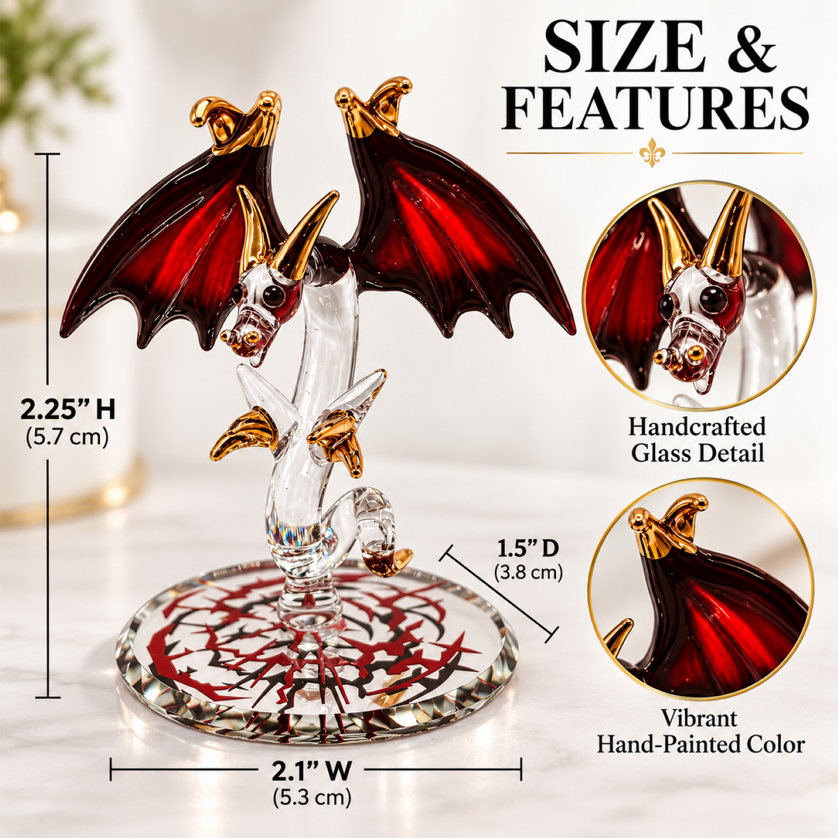 Glass Dragon Figurine, Handcrafted Red Winged Dragon, Fantasy Decor, Dragon Lover Gift, Collectible