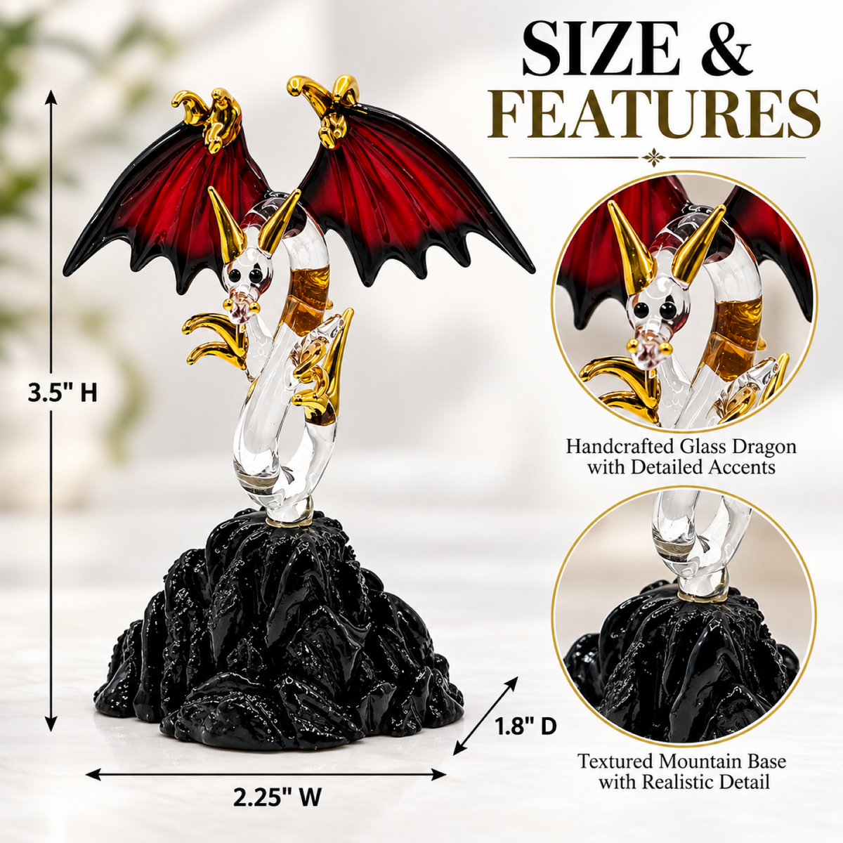 Glass Dragon Figurine, Handcrafted Red Winged Dragon, Fantasy Decor, Dragon Lover Gift, Dragon Collectible