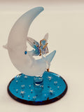Moon Fairy Glass Figurine | Handcrafted Fantasy Decor on Blue Mirror Base