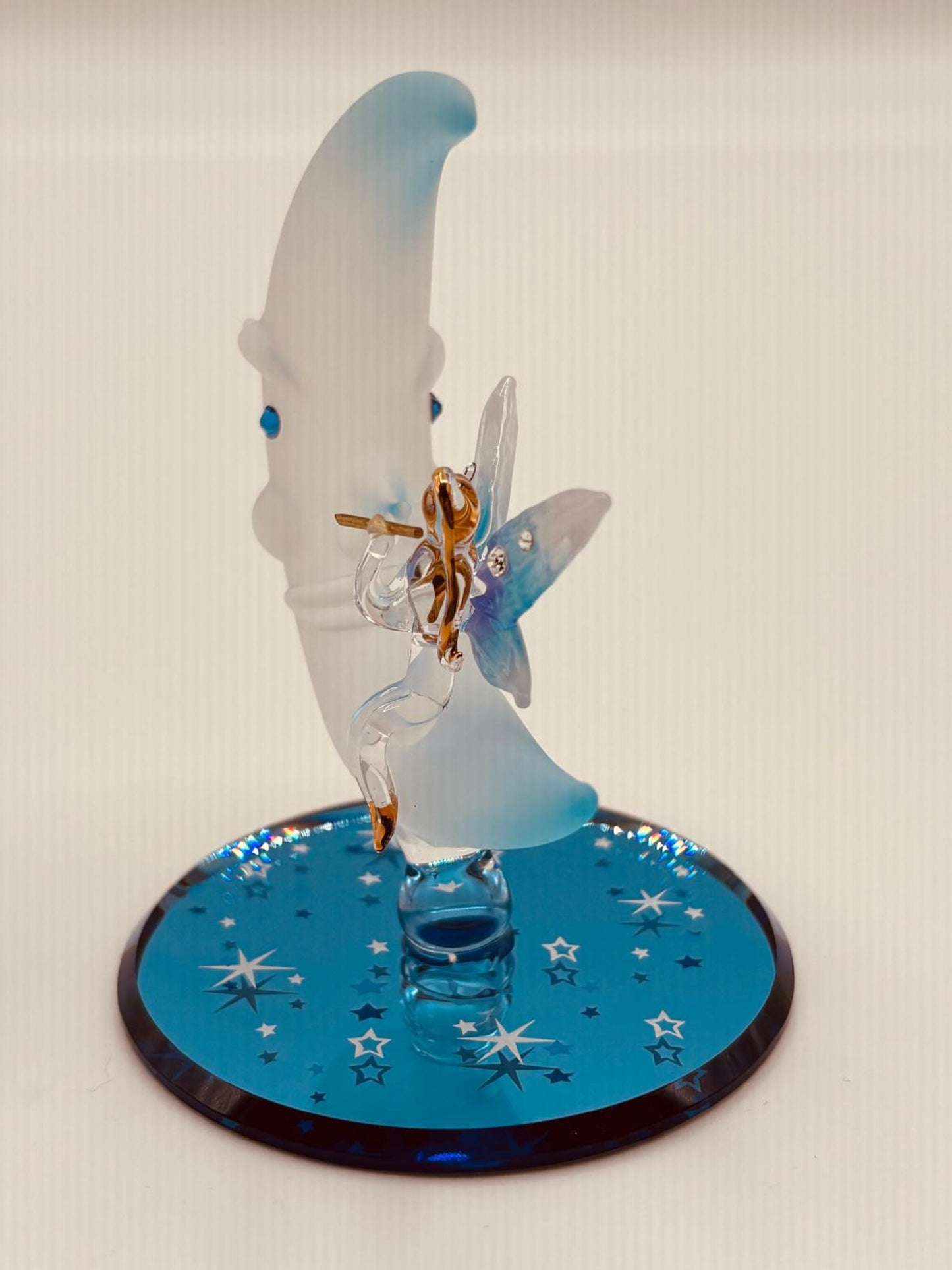 Moon Fairy Glass Figurine | Handcrafted Fantasy Decor on Blue Mirror Base