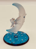 Moon Fairy Glass Figurine | Handcrafted Fantasy Decor on Blue Mirror Base