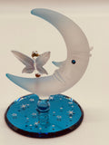 Moon Fairy Glass Figurine | Handcrafted Fantasy Decor on Blue Mirror Base