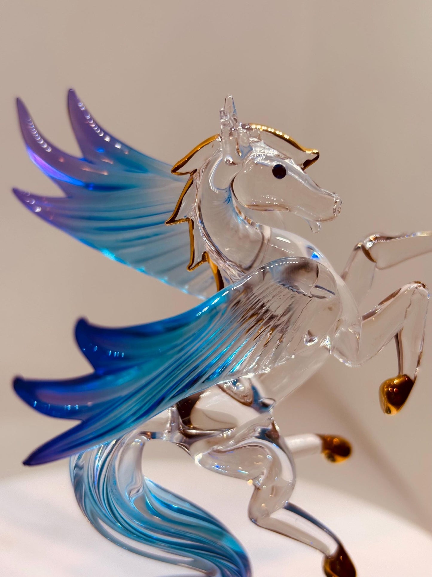 Celestial Pegasus Glass Figurine | Handcrafted Fantasy Decor with Crystal and Gold Accents