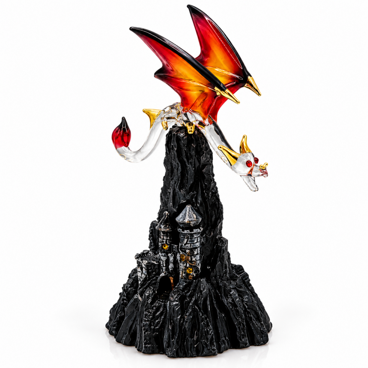 Glass Dragon Figurine, Handcrafted Dragon Statue on Mountain, Fantasy Decor, Dragon Lover Gift, Castle Decor