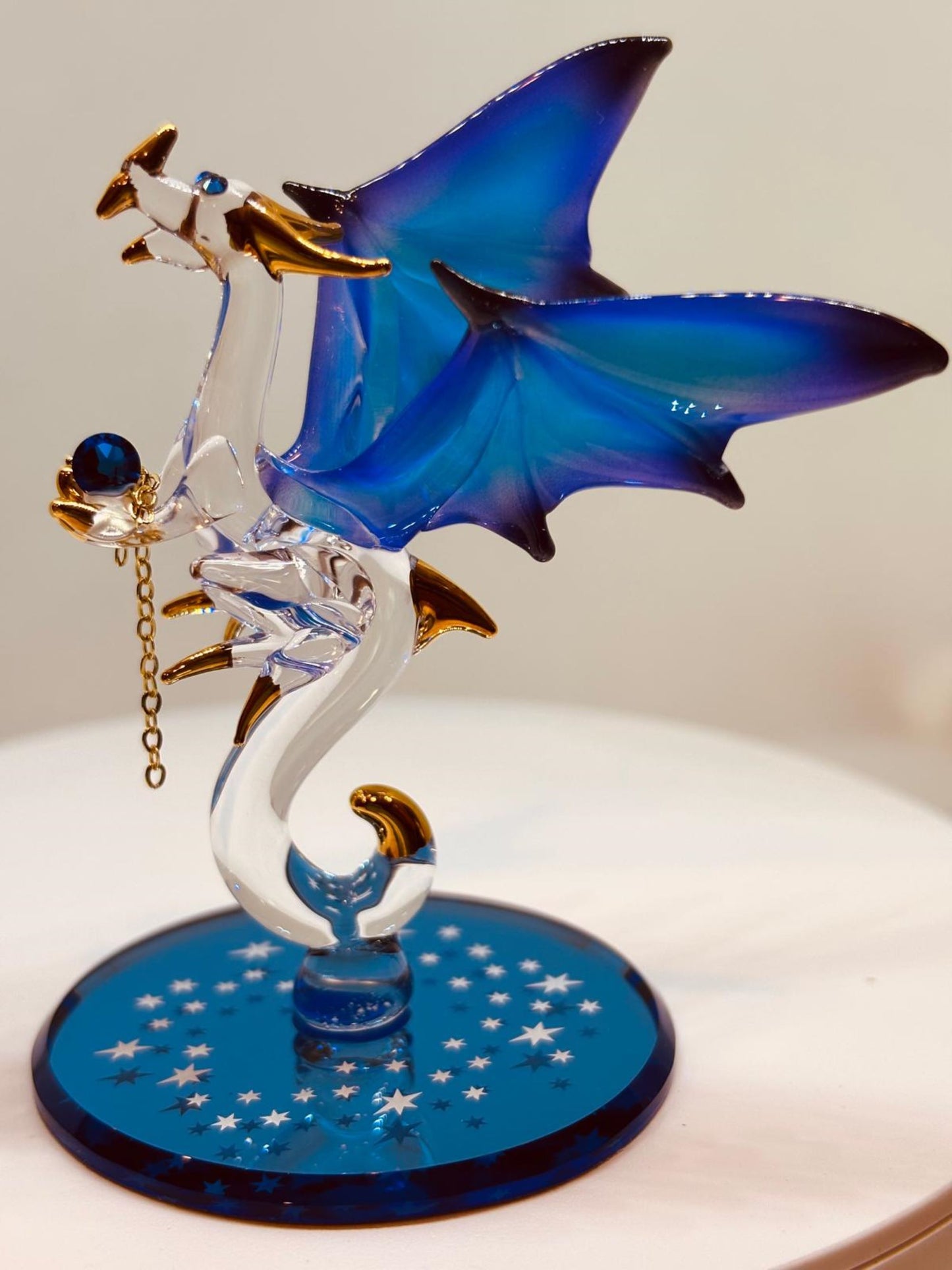 Dragon with Stars Glass Figurine | Handcrafted Fantasy Decor with Blue Crystal Gem