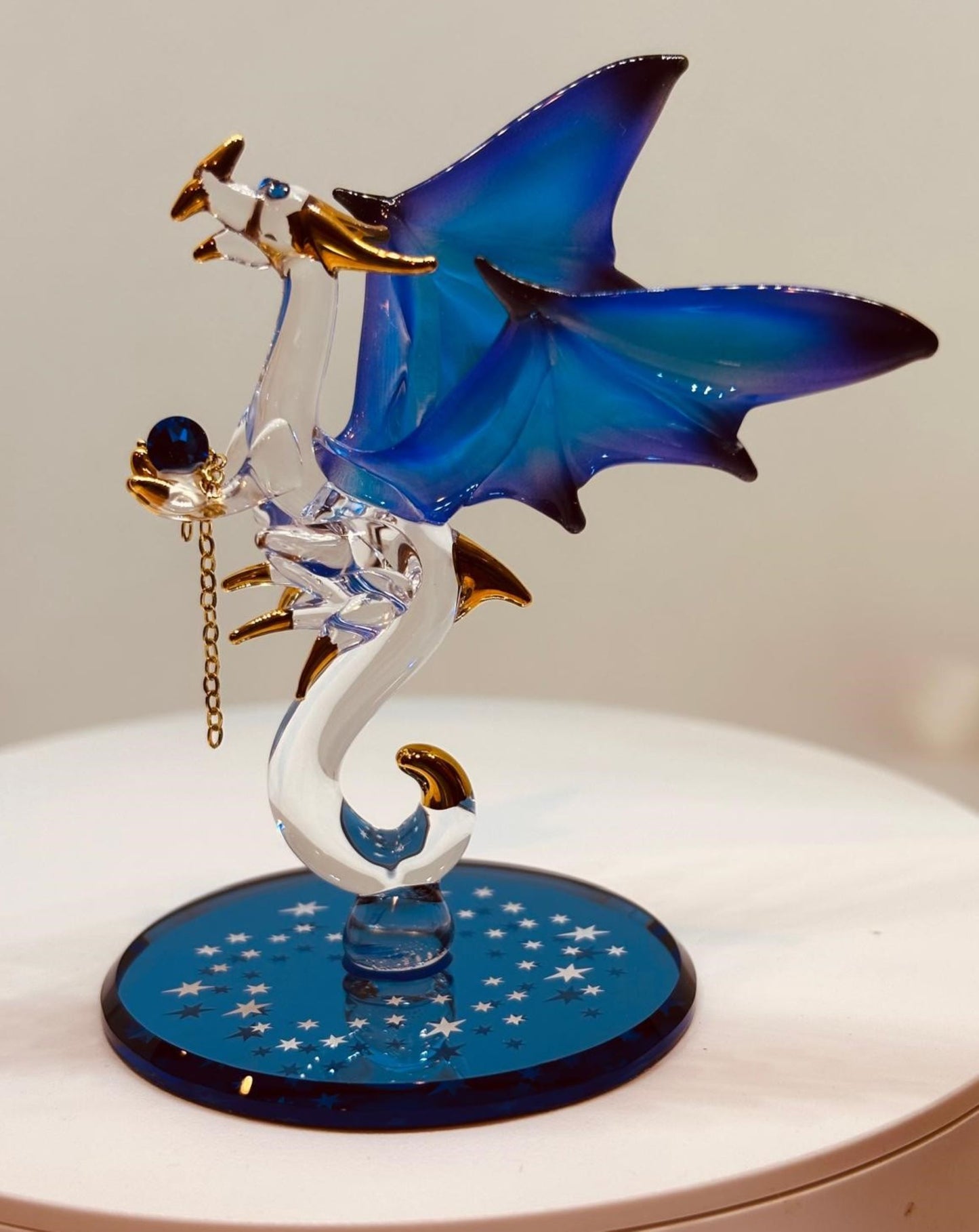 Dragon with Stars Glass Figurine | Handcrafted Fantasy Decor with Blue Crystal Gem