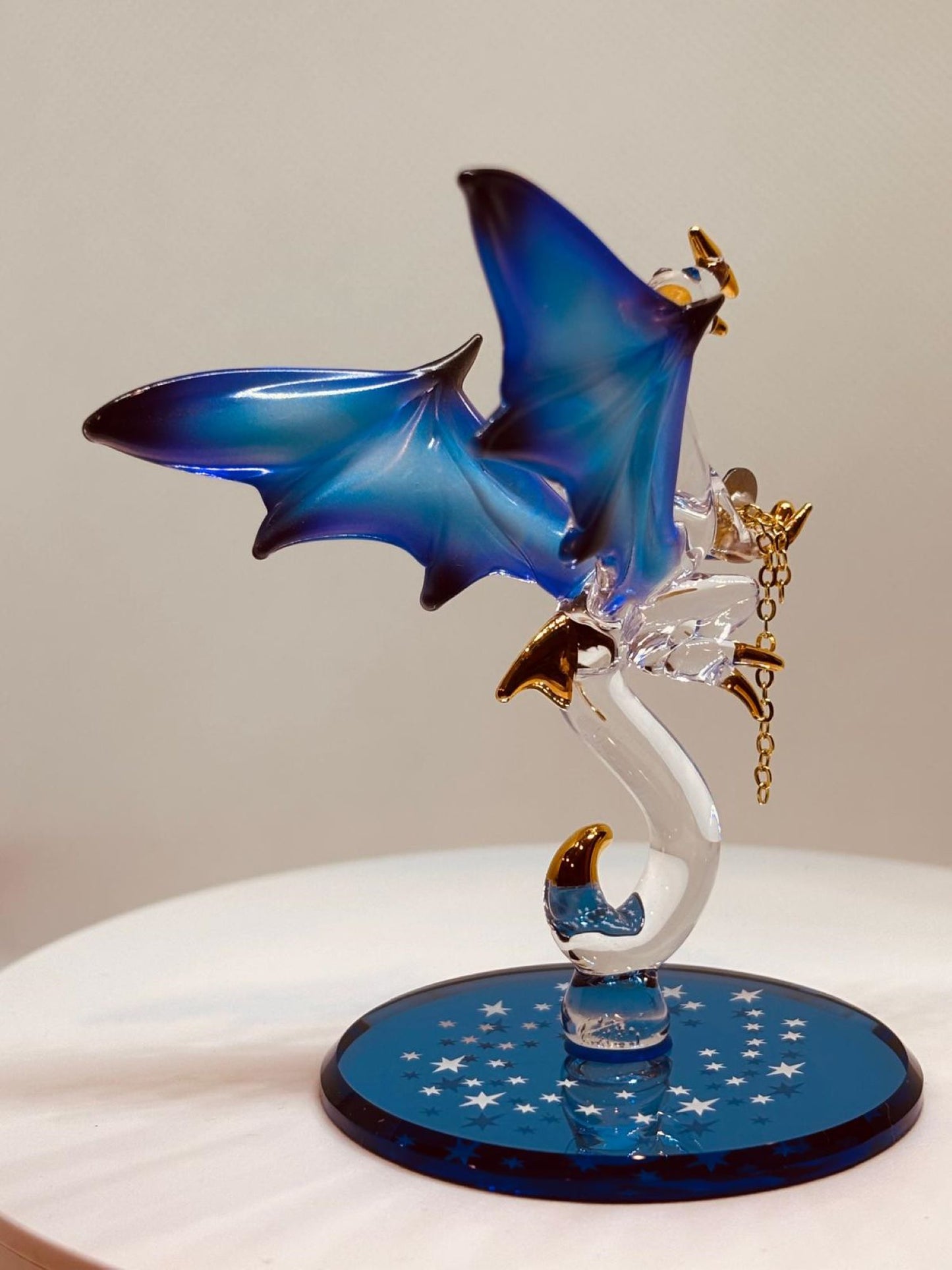 Dragon with Stars Glass Figurine | Handcrafted Fantasy Decor with Blue Crystal Gem