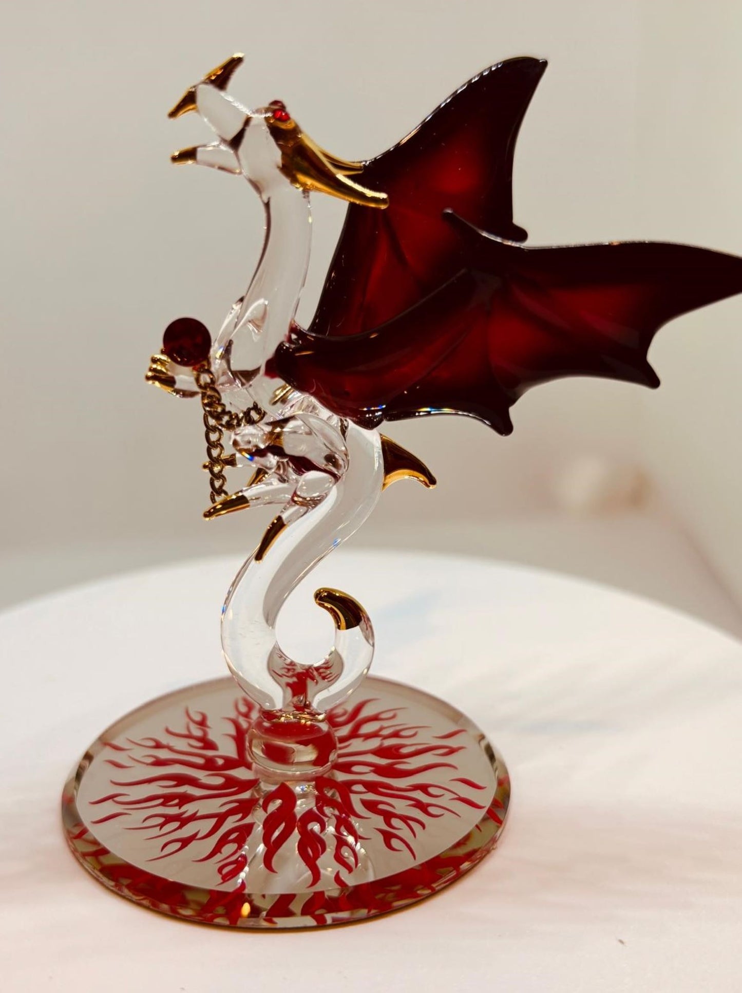Dragon with Fire Glass Figurine | Handcrafted Fantasy Decor with Red Crystal Gem