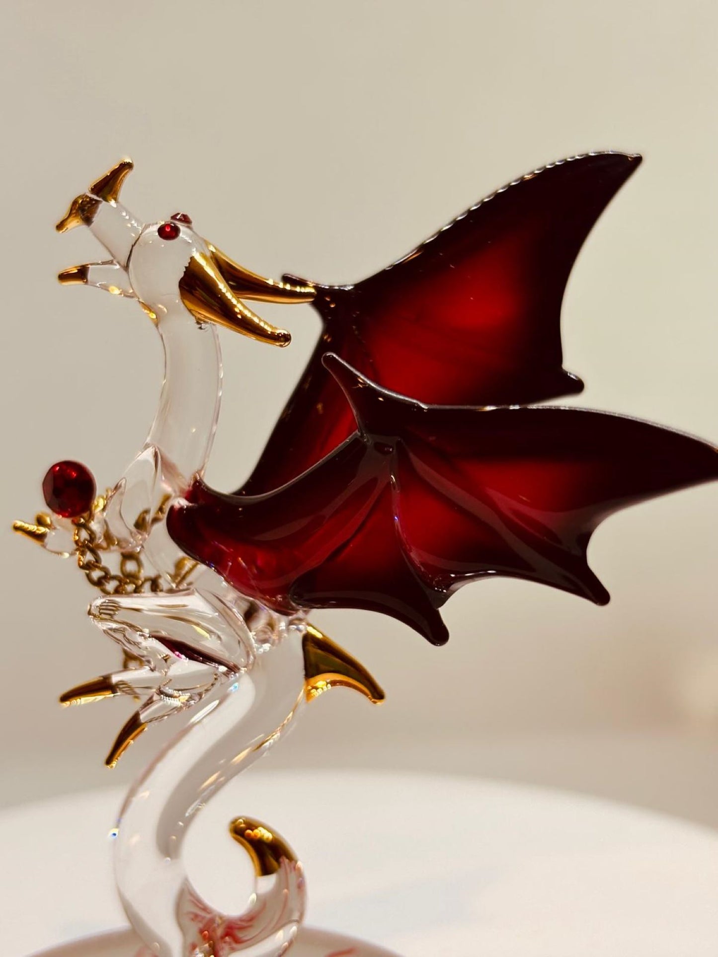 Dragon with Fire Glass Figurine | Handcrafted Fantasy Decor with Red Crystal Gem