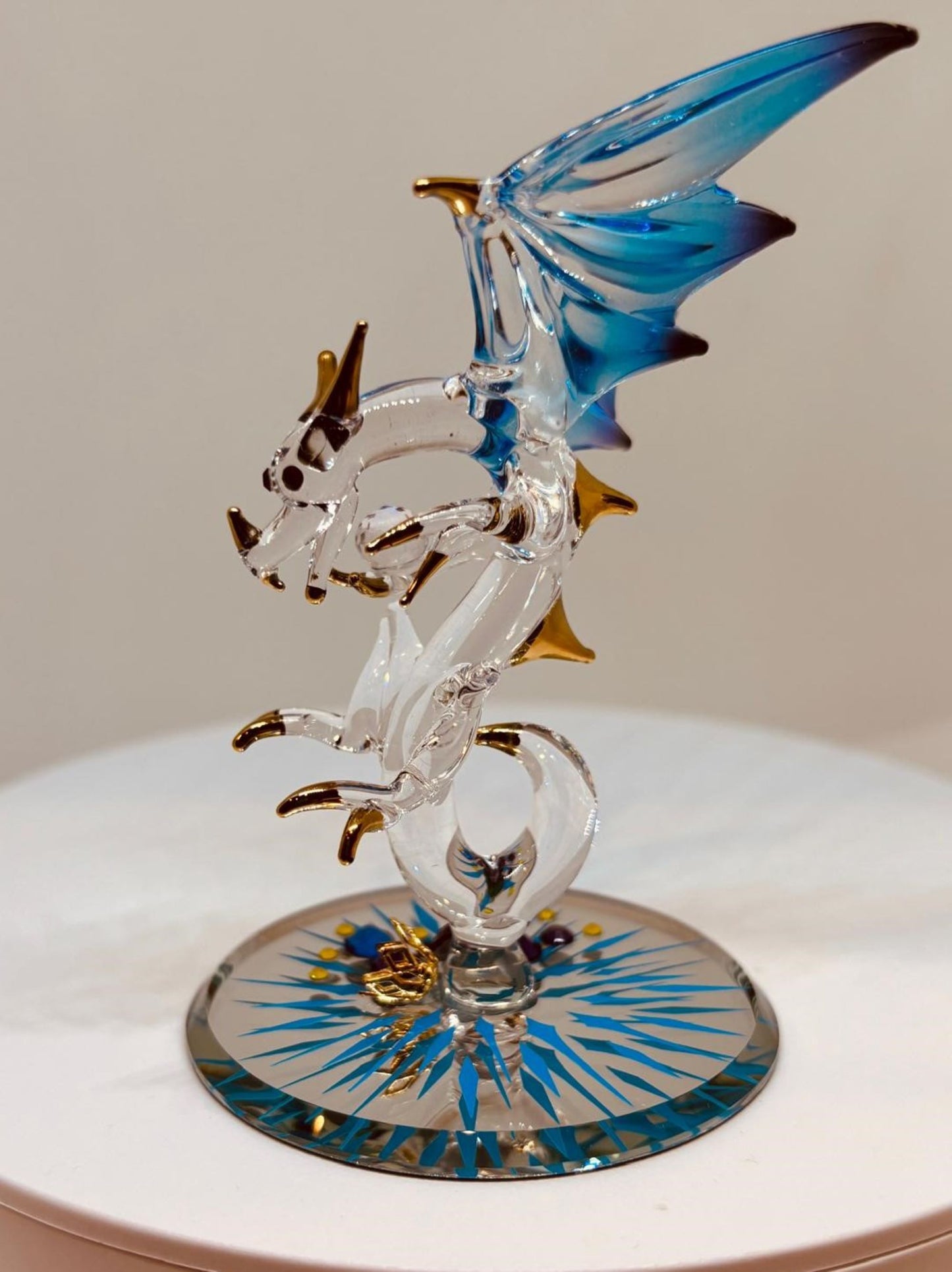 Jewel Keeper Dragon Glass Figurine | Handcrafted Fantasy Decor with Crystal Gem