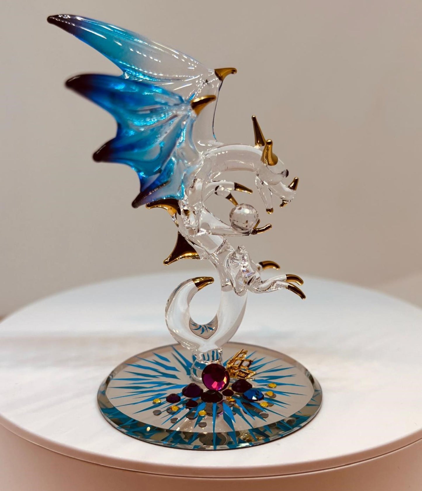 Jewel Keeper Dragon Glass Figurine | Handcrafted Fantasy Decor with Crystal Gem