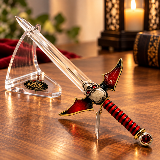 Handcrafted decorative sword figurine with skull guard, red and black handle, Genuine Crystals and Real 22Kt Gold accents