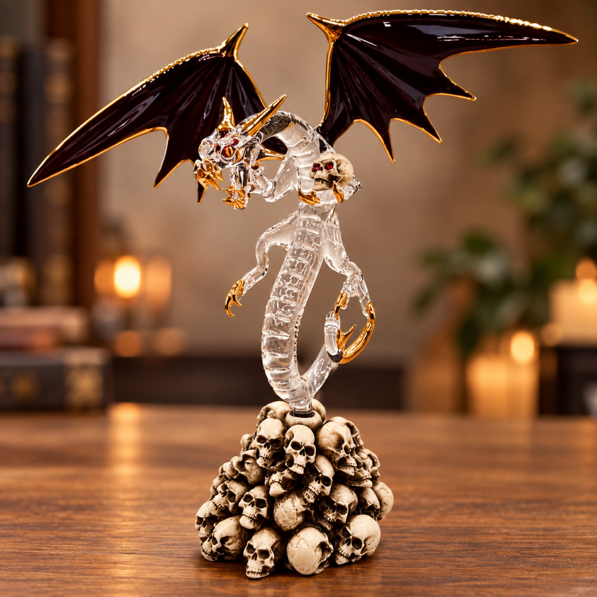 Handcrafted dragon figurine holding a skull on a pile of skulls with Genuine Crystals and Real 22Kt Gold accents