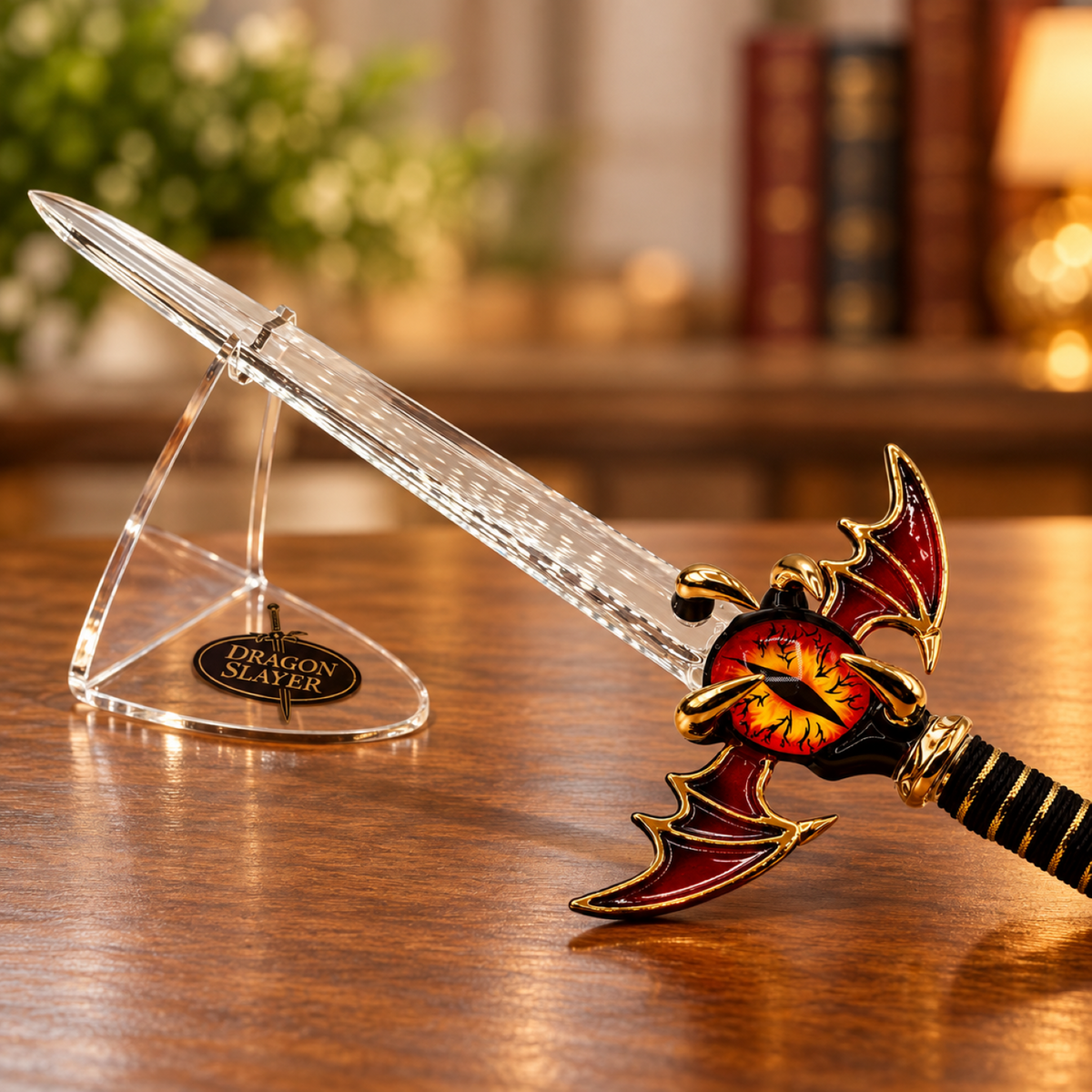 Handcrafted fantasy sword figurine with eye and claw guard, red wing details, Real 22Kt Gold and Air Brushing