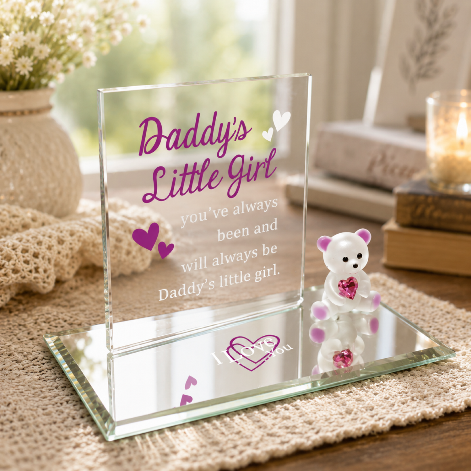 Handcrafted Daddy's Little Girl teddy bear figurine holding a heart crystal on a beveled mirror base with decorative daughter sentiment plaque.