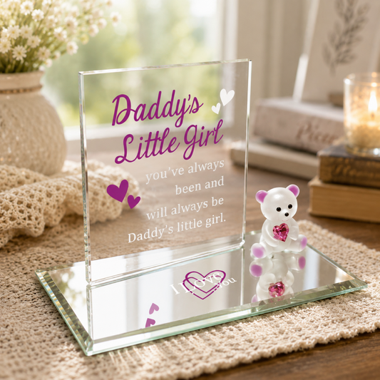Handcrafted Daddy's Little Girl teddy bear figurine holding a heart crystal on a beveled mirror base with decorative daughter sentiment plaque.