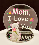 Handcrafted pink bear figurine holding a rose on a beveled mirror with “Mom I Love You” message