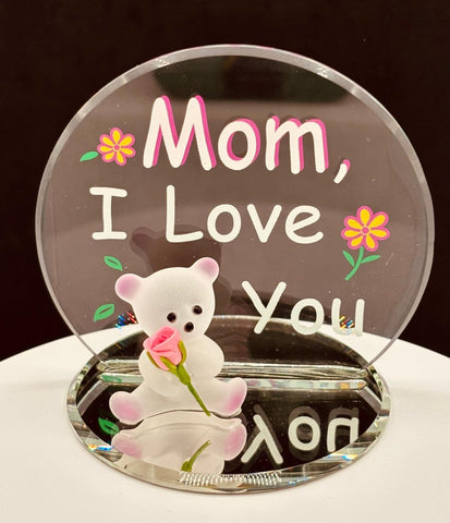 Handcrafted pink bear figurine holding a rose on a beveled mirror with “Mom I Love You” message