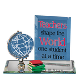 Handcrafted glass globe figurine on mirror base with books and Teachers Shape the World message