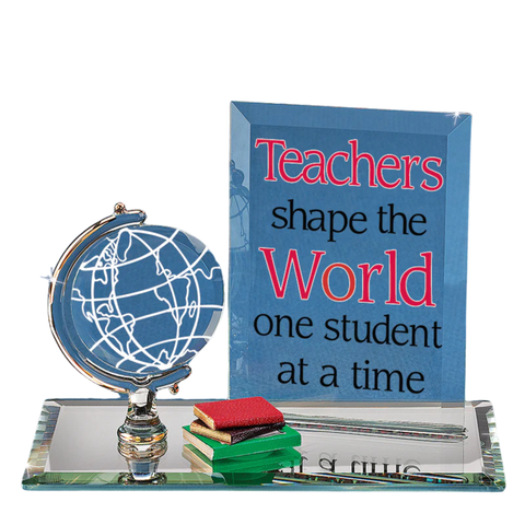 Handcrafted glass globe figurine on mirror base with books and Teachers Shape the World message