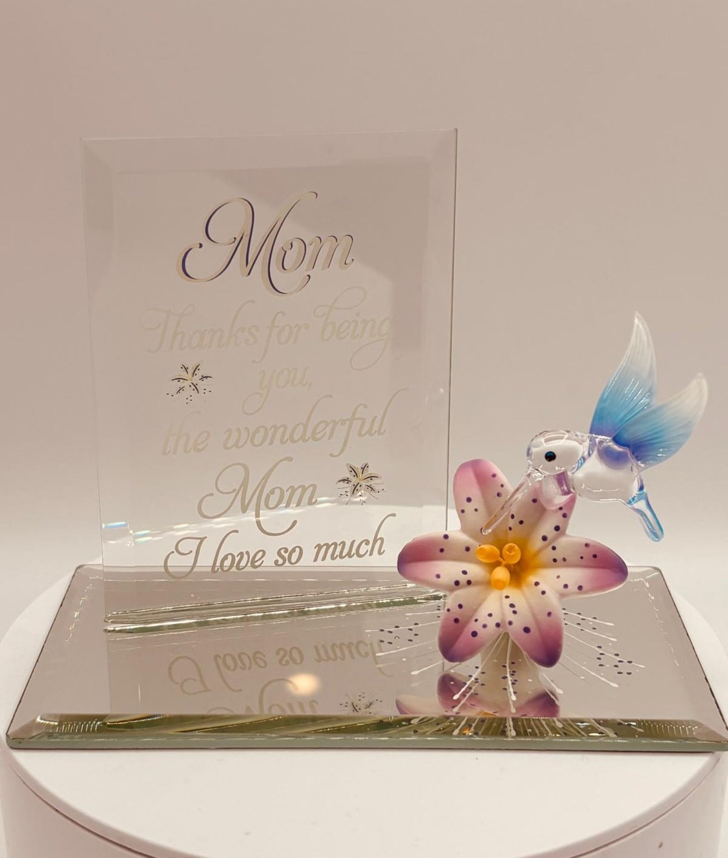Handcrafted glass hummingbird “Wonderful Mom” figurine on decorative beveled mirror with crystals