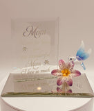 Handcrafted glass hummingbird “Wonderful Mom” figurine on decorative beveled mirror with crystals